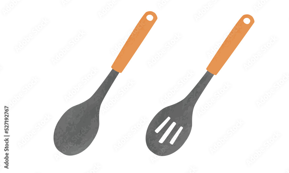 Set of Cooking spoon with wooden handle watercolor style. Solid spoon and slotted spoon clipart vector illustration isolated on white background. Kitchen utensils clipart. Cooking tools hand drawn Set of Cooking spoon with wooden handle watercolor style. Solid spoon and slotted spoon clipart vector illustration isolated on white background. Kitchen utensils clipart. Cooking tools hand drawn