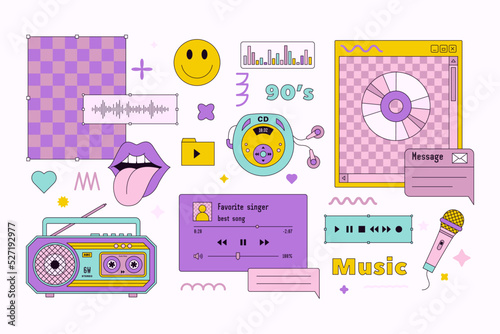 Vaporwave Music Template Boxes and Interfaces Elements in Trendy y2k Style. Retro Desktop with Frames. Vector