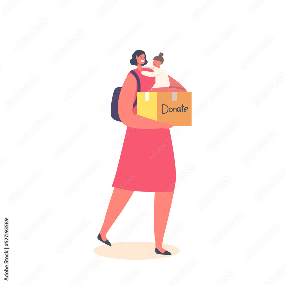 Woman with Little Baby on Hands Carry Carton Box with Donation or Humanitarian Aid. Mother with Package with Donating Woman with Little Baby on Hands Carry Carton Box with Donation or Humanitarian Aid. Mother with Package with Donating