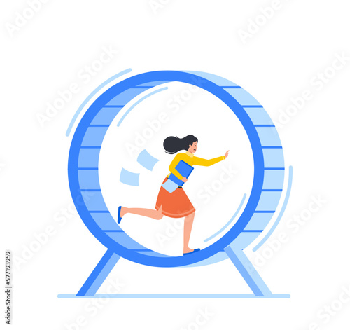 Rat Race Business Concept with Exhausted and Stressed Businesswoman Running in Hamster Wheel Trying to be on Time