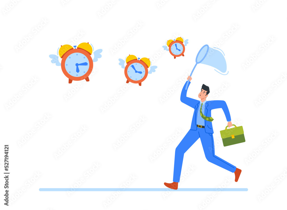 Business Concept of Time Management, Deadline, Loosing Time. Anxious Businessman Catching Flying Alarm Clocks Business Concept of Time Management, Deadline, Loosing Time. Anxious Businessman Catching Flying Alarm Clocks
