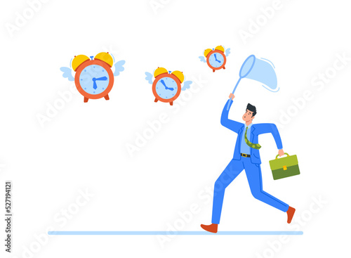 Business Concept of Time Management, Deadline, Loosing Time. Anxious Businessman Catching Flying Alarm Clocks
