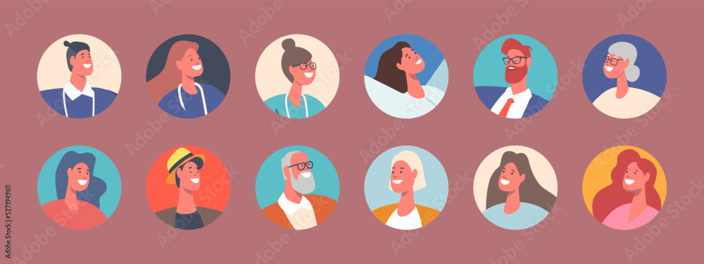 Set of People Avatars, Male and Female Characters with Different Appearance. Young and Mature Men or Women Portraits Set of People Avatars, Male and Female Characters with Different Appearance. Young and Mature Men or Women Portraits