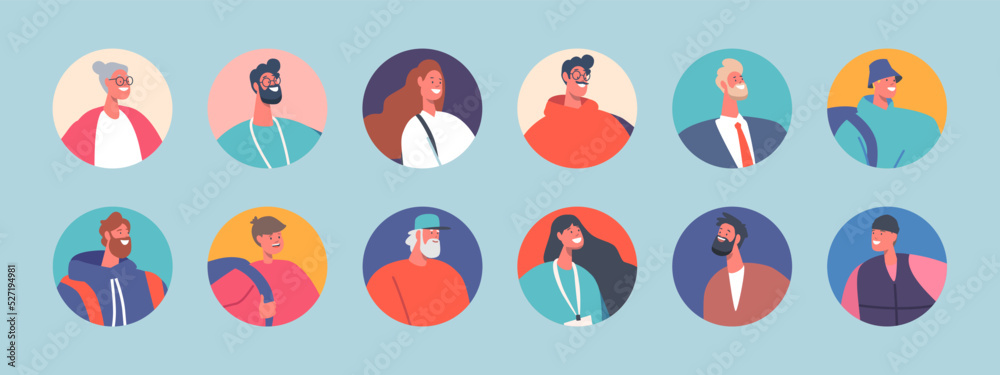 Set of People Avatars, Teens, Senior, Young and Mature Men or Women Isolated Round Icons. Male and Female Characters