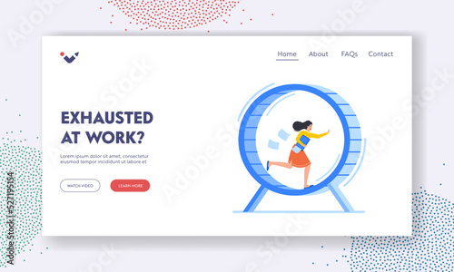 Exhausted at Work Landing Page Template. Rat Race Business Concept with Stressed Businesswoman Running in Hamster Wheel