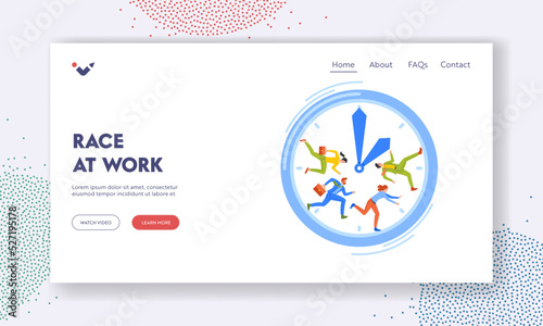 Race ar Work Landing Page Template. Hurrying Businessman Running Fast in Huge Alarm Clock Hurry at Work, Time Management