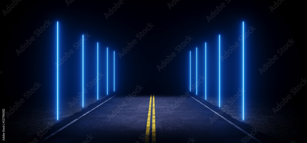 Sci Fi Futuristic Asphalt Neon Glowing Blue Lines Road Two Lanes Dark Night  Showroom Studio Empty Car Realistic Cyber 3D Rendering Illustration Stock |  Adobe Stock