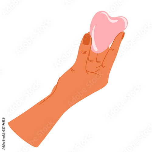 Women's hands holding cosmetic product. Quartz face roller, gua sha scraper. Facial massage. Daily skin care routine and hygiene concept. Vector illustration