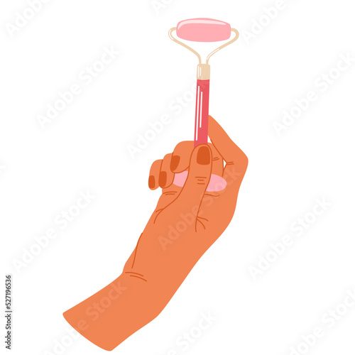 Women's hands holding cosmetic product. Quartz face roller, gua sha scraper. Facial massage. Daily skin care routine and hygiene concept. Vector illustration