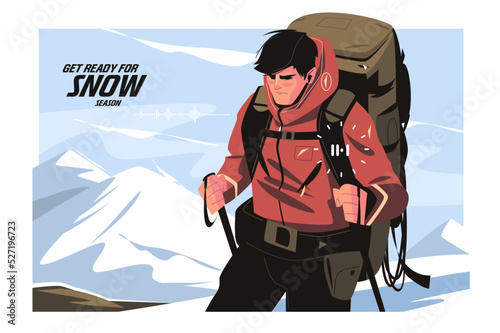 Man character hike high in mountains in winter 