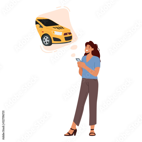 Young Woman Calling or Using App for Ordering Taxi Isolated on White Background. Female Customer Character Order Car