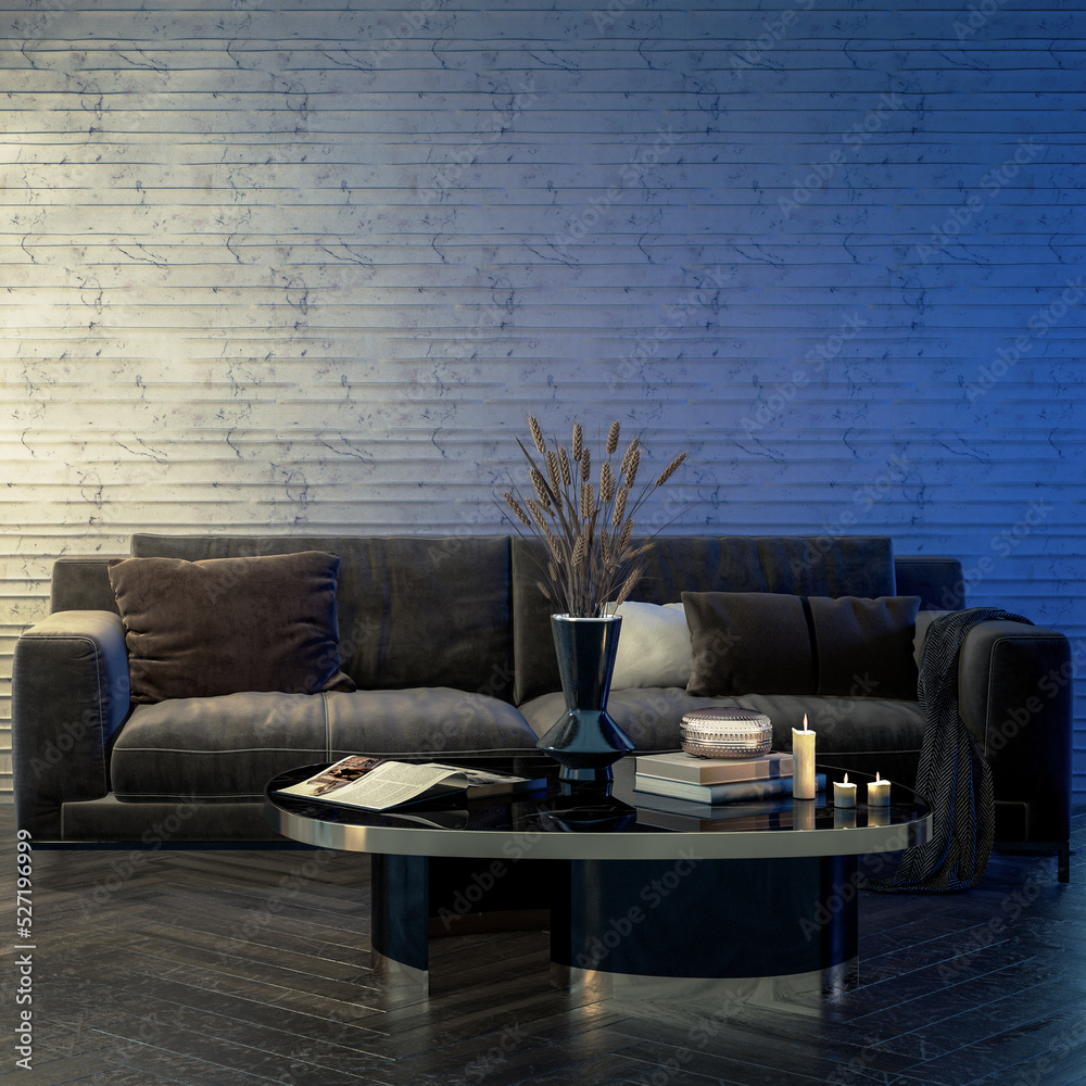 Wohnlandschaften: moderne Couch bei Abendbeleuchtung - 3D Visualisierung - obrazy, fototapety, plakaty 