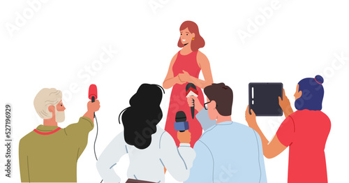 Woman Speaking to Audience, during Press Conference Isolated on White Background. Journalists or Press Media Workers