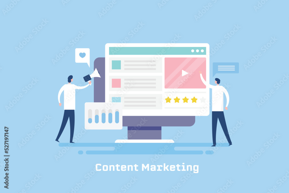Content marketing concept, digital creator people publishing and promoting content on social media website, vector illustration.