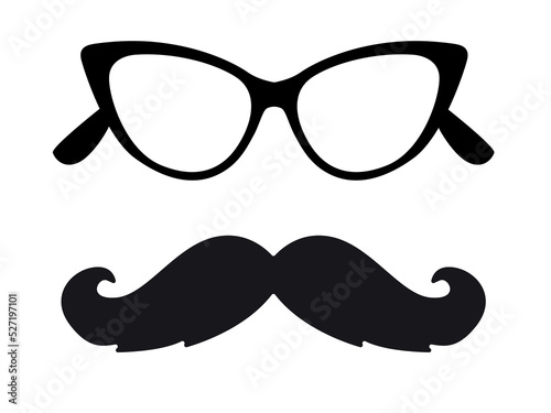 Hipster Mustache icon and retro Glasses. Vintage Silhouette of a symbol for party, holiday on a white background. Vector illustration of a men's accessory. 
