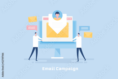 Digital marketing people sending brand message to subscribers with email campaign strategy.
