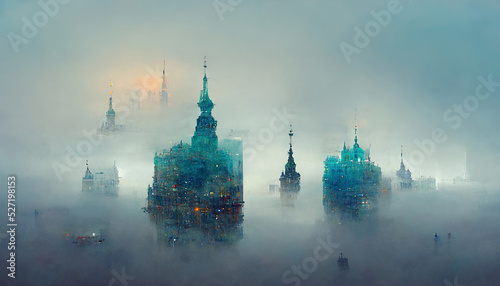 Atmospheric panorama with skyscrapers and fog, digital illustration