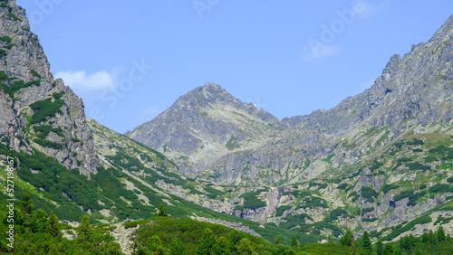 Hot summer day. Mountain landscape with the huge rocky slopes of the High Tatras  Slovakia
