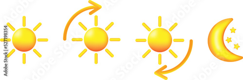 Set of 3D cartoon icon the weather forecast. Sunny, moon, sunrise and sunset. Vector illustration.