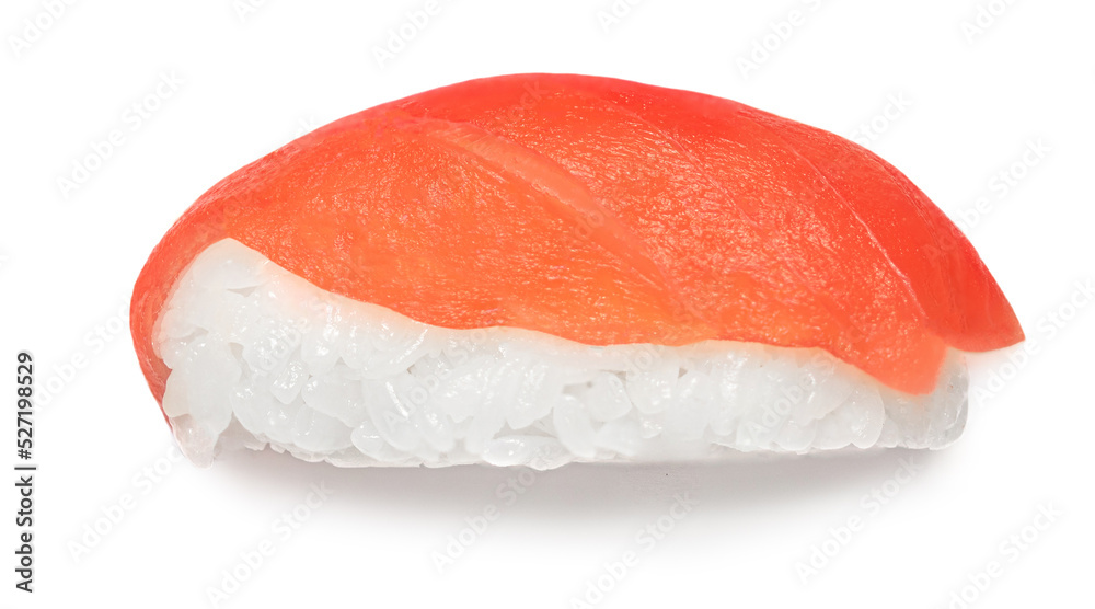 Sushi with rice, shrimps and salmon isolated on white background. Top view. Flat lay. Japan restaurant menu.. Sushi with rice, shrimps and salmon isolated on white background. Top view. Flat lay. Japan restaurant menu..