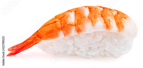 Sushi with a shrimp isolated on white background. Side view. Macro. Japan fresh sushi closeup