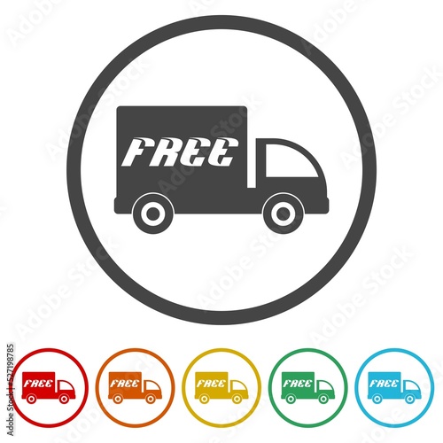 Fast free delivery truck icon. Set icons in color circle buttons