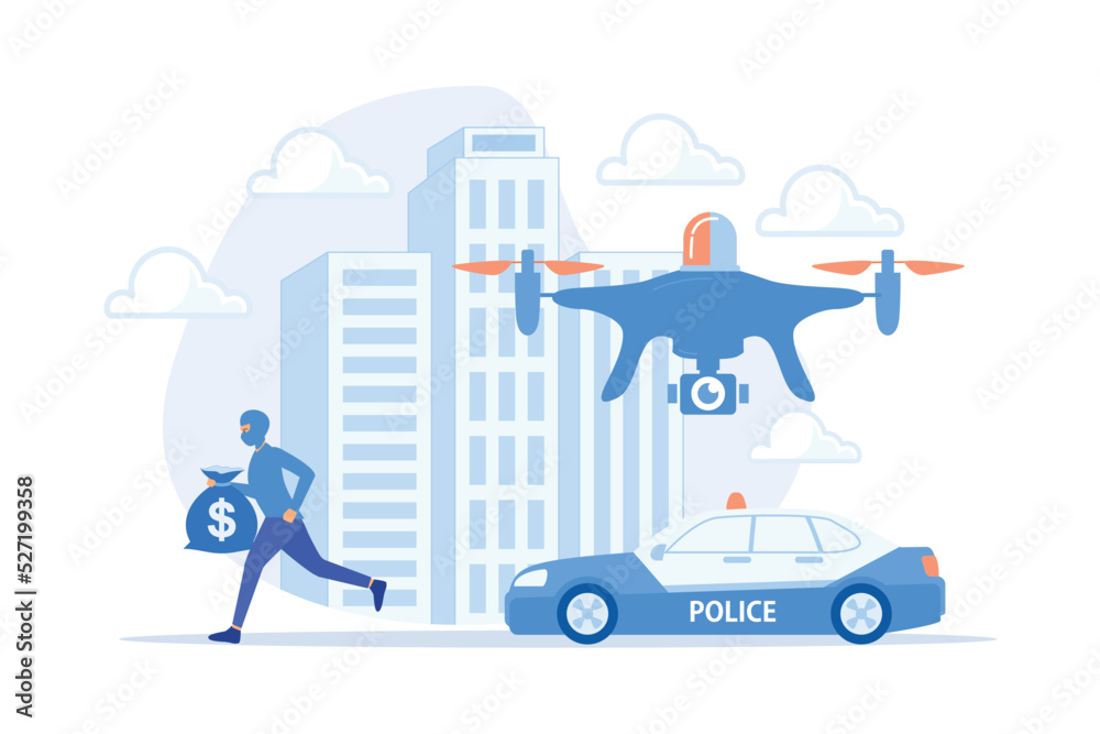 Police car and drone tracking thieve in mask with money and crime scene. Law enforcement drones, police drone use, smart city IoT tools concept. flat vector modern illustration Police car and drone tracking thieve in mask with money and crime scene. Law enforcement drones, police drone use, smart city IoT tools concept. flat vector modern illustration