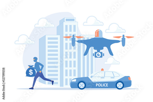 Police car and drone tracking thieve in mask with money and crime scene. Law enforcement drones, police drone use, smart city IoT tools concept. flat vector modern illustration