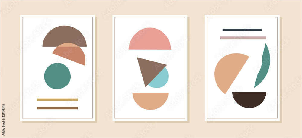 Set of minimalist geometric art posters. Contemporary design posters template with primitive shapes elements. Modern contemporary creative trendy abstract templates vector illustration.