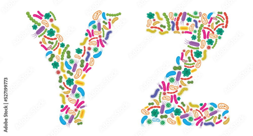 Vector alphabet Y Z made of Bacteria isolated on white background, bacteria font. Vector illustration.