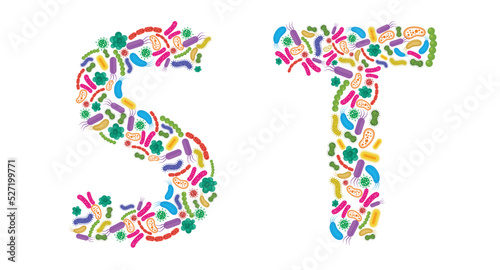Vector alphabet S T made of Bacteria isolated on white background, bacteria font. Vector illustration.