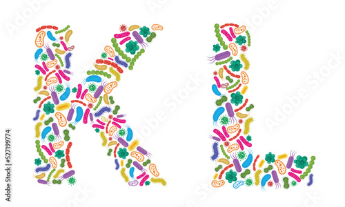 Vector alphabet K L made of Bacteria isolated on white background, bacteria font. Vector illustration.