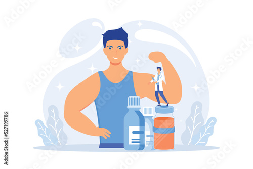 Tiny people doctor with syringe doing anabolic steroids injection to an athlete. Anabolic steroids, anti-aging aid, illegal sport drugs concept. flat vector modern illustration