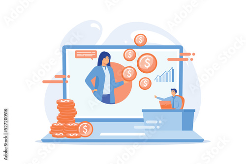 Online financial consulting flat vector illustration. Business investment, budget planning, bank helpline concept. Finance consultant and customer discussing profit.flat vector modern illustration