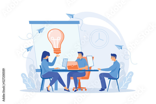 Business conference flat vector illustration. Office meeting, corporate presentation, coworking space concept. Businessmen brainstorm and teamwork. flat vector modern illustration photo