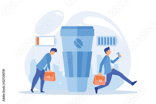 Office worker coffee break flat vector illustration. Caffeine addiction, emotional burnout, energetic drink concept. flat vector modern illustration