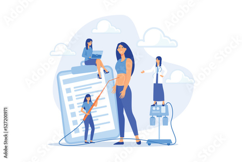 Plastic surgeon with a suction tube doing liposuction of woman marked body parts. Liposuction, lipo procedure, fat removal surgery concept. flat vector modern illustration