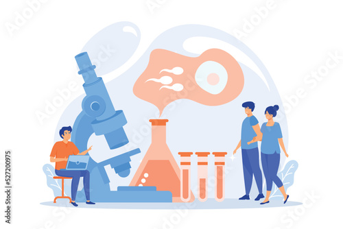 Scientist on microscope working on infertility treatment for couple. Infertility, female infertility causes, sterility medical treatment concept. flat vector modern illustration photo
