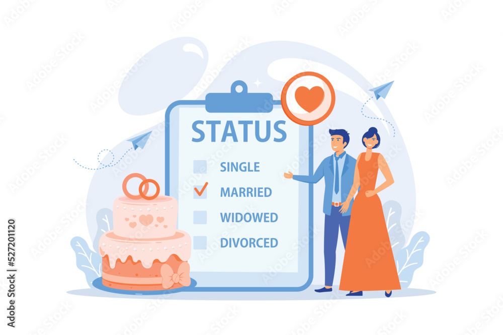 Vecteur Stock Married couple and marital status on clipboard, tiny