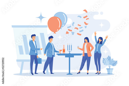 Happy tiny business people dancing, having fun and drinking wine. Corporate party, team building activity, corporate event idea concept.flat vector modern illustration