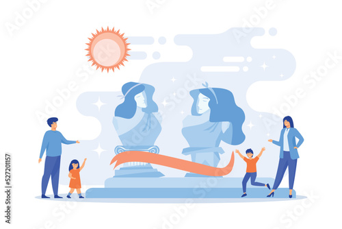 Kids with tutors enjoy acting on theater stage outside, tiny people. Theater camp, summer acting program, young actor courses concept.flat vector modern illustration