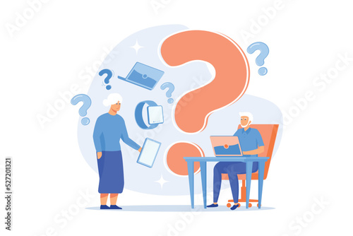 Senior couple modern gadgets handling problems. Low technical communication, trouble with using technology, special devices for older people concept. flat vector modern illustration