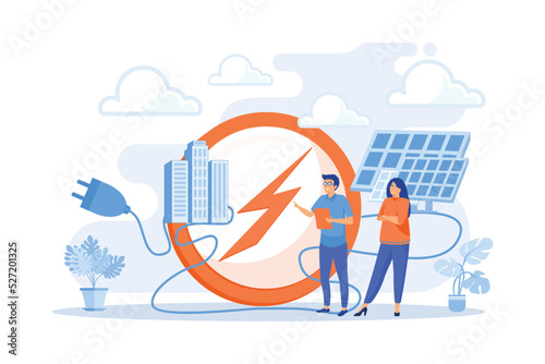 Businessmen use solar energy panels to produce electricity for the city. Solar energy, solar power plant, alternative source of electricity concept. flat vector modern illustration