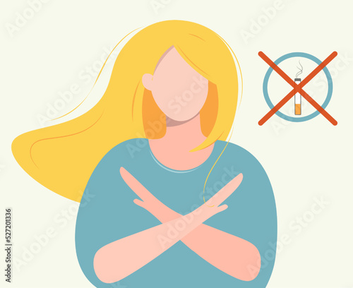 The woman does not tolerate smoking. Quit smoking, it's dangerous for your health and the environment. Observe fire safety measures. No bad habits. Concept vector flat illustration.Stop gesture.