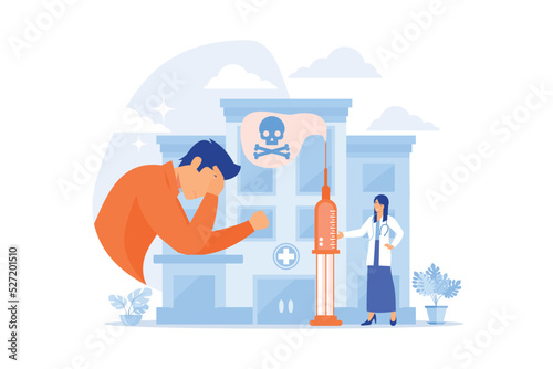 Patient getting medical treatment for dependency on psychoactive substances. Drug rehab center, experimental treatment, drug rehabilitation concept. flat vector modern illustration
