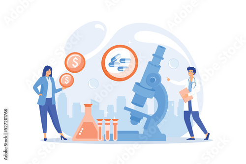 Tiny people scientists in the lab produce pharmaceutical drugs. Pharmacological business, pharmaceutical industry, pharmacological service concept.flat vector modern illustration