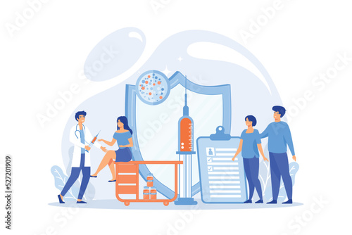Woman getting flu shot. Contagious disease prevention. Vaccination of adults, adult immunization schedule, vaccine preventable diseases concept. flat vector modern illustration
