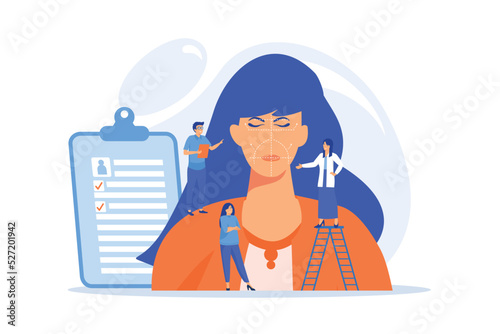 Plastic surgeons working on facelift surgery for woman face with wrinkles. Face lifting, rhytidectomy procedure, facelift surgery concept.flat vector modern illustration