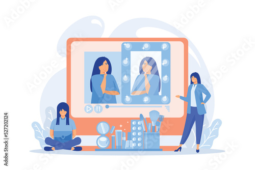 Female user watches beauty blogger showing latest trend makeup tutorial. Beauty blogger, beauty blog production, online beauty consultant concept.flat vector modern illustration