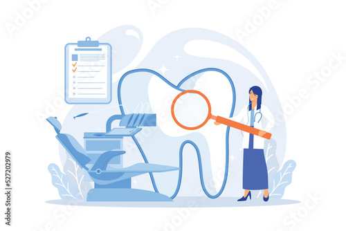 Dentist with magnifier on ladder examining huge patient tooth and dental chair. Private dentistry, dental service, private dental clinic concept. flat vector modern illustration